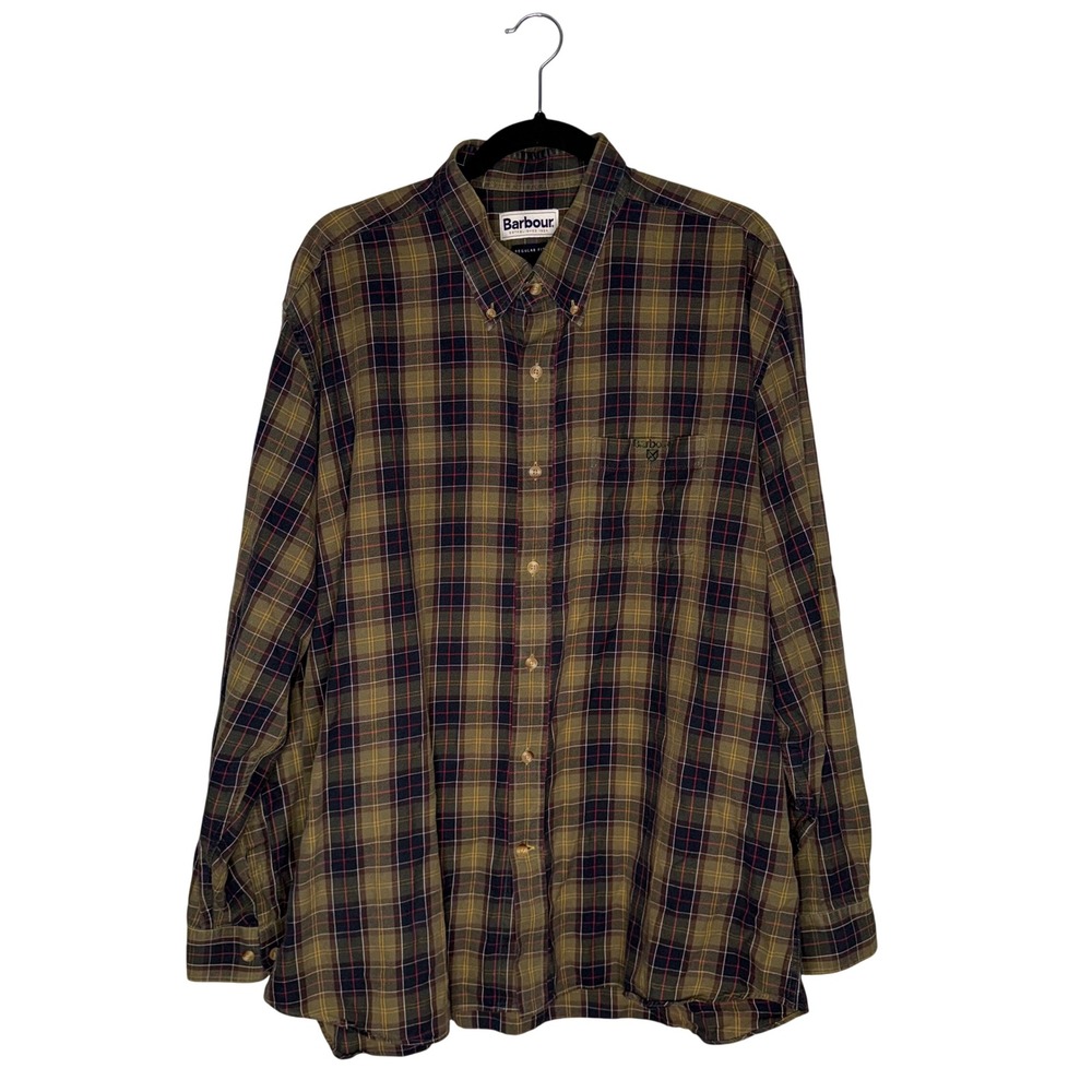 Barbour Plaid‎ Button Down Shirt Mens Olive Green Regular Fit Excellent Long Slv